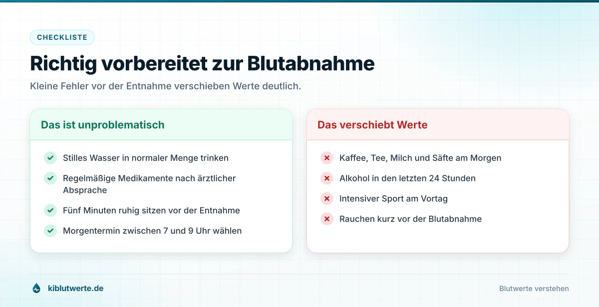Richtig vorbereitet zur Blutabnahme Checkliste mit erlaubten Verhaltensweisen und typischen Fehlern vor einer Blutabnahme in zwei Spalten