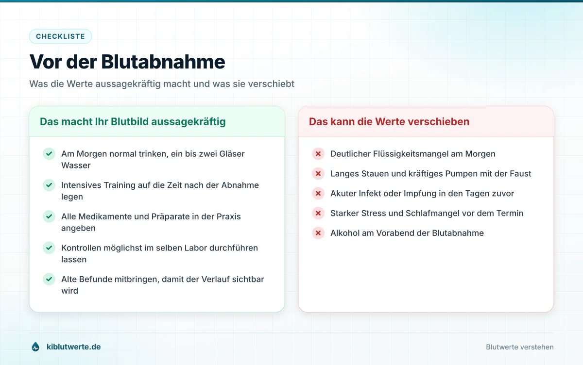 Checkliste mit zwei Spalten zur Vorbereitung auf die Blutabnahme für ein aussagekräftiges Blutbild
