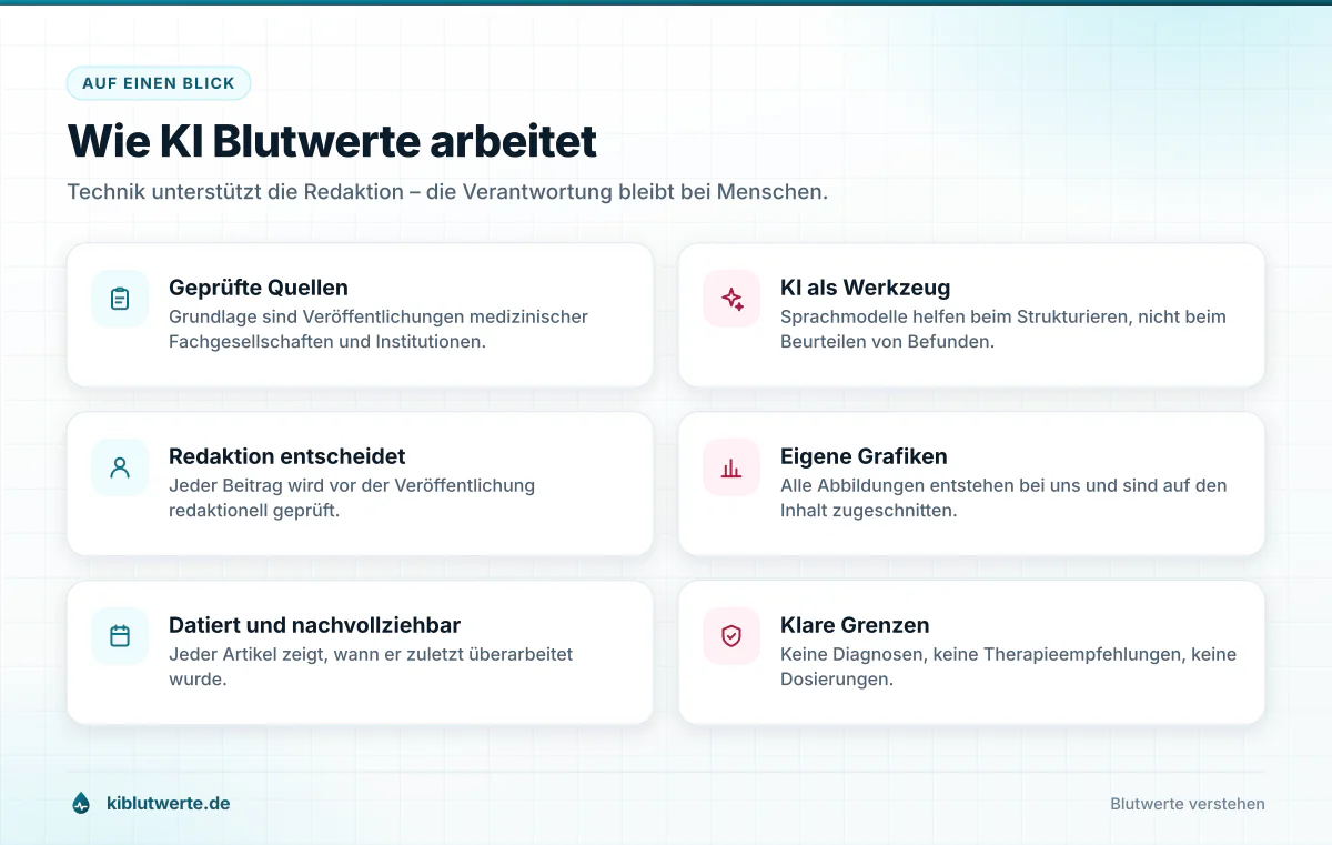 Übersichtskarte mit sechs Merkmalen der Arbeitsweise von KI Blutwerte wie geprüfte Quellen, verständliche Sprache und klare Grenzen