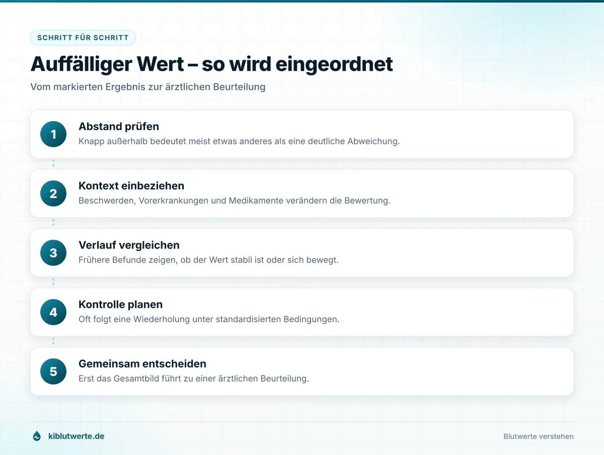 Ablaufgrafik in fünf Schritten zur Einordnung auffälliger Referenzwerte Blut von der Abweichung bis zur Kontrolle