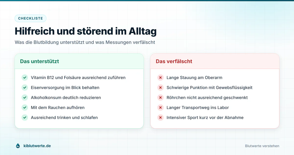 Zweispaltige Checkliste mit unterstützenden Alltagsmaßnahmen und typischen Störfaktoren für den Thrombozyten Wert