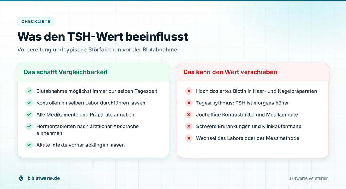 Checkliste mit Faktoren, die den TSH-Wert vergleichbar machen, und typischen Störgrößen wie Biotin, Jod und Tageszeit